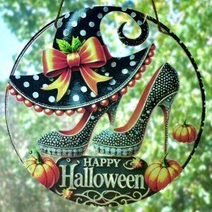 Happy Halloween Glam Witch Fashion Fancy Hat and Stilettos Acrylic Sun Catcher